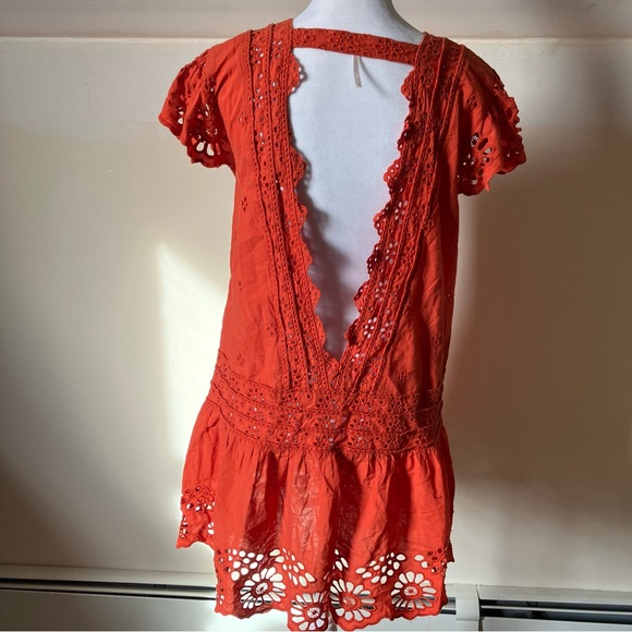 Free People Esperanza Eyelet Orange Ruffled Floral Lace Mini Dress Size XS - Picture 6 of 9